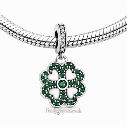 Four Leave Clover Lucky Green Dangle Sterling Silver Charm Hallmarked S925 for Charm Bracelet and Necklace