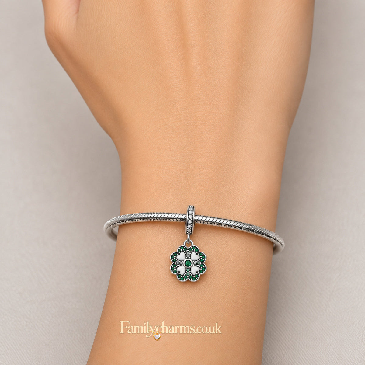 Four Leave Clover Lucky Green Dangle Sterling Silver Charm Hallmarked S925 for Charm Bracelet and Necklace