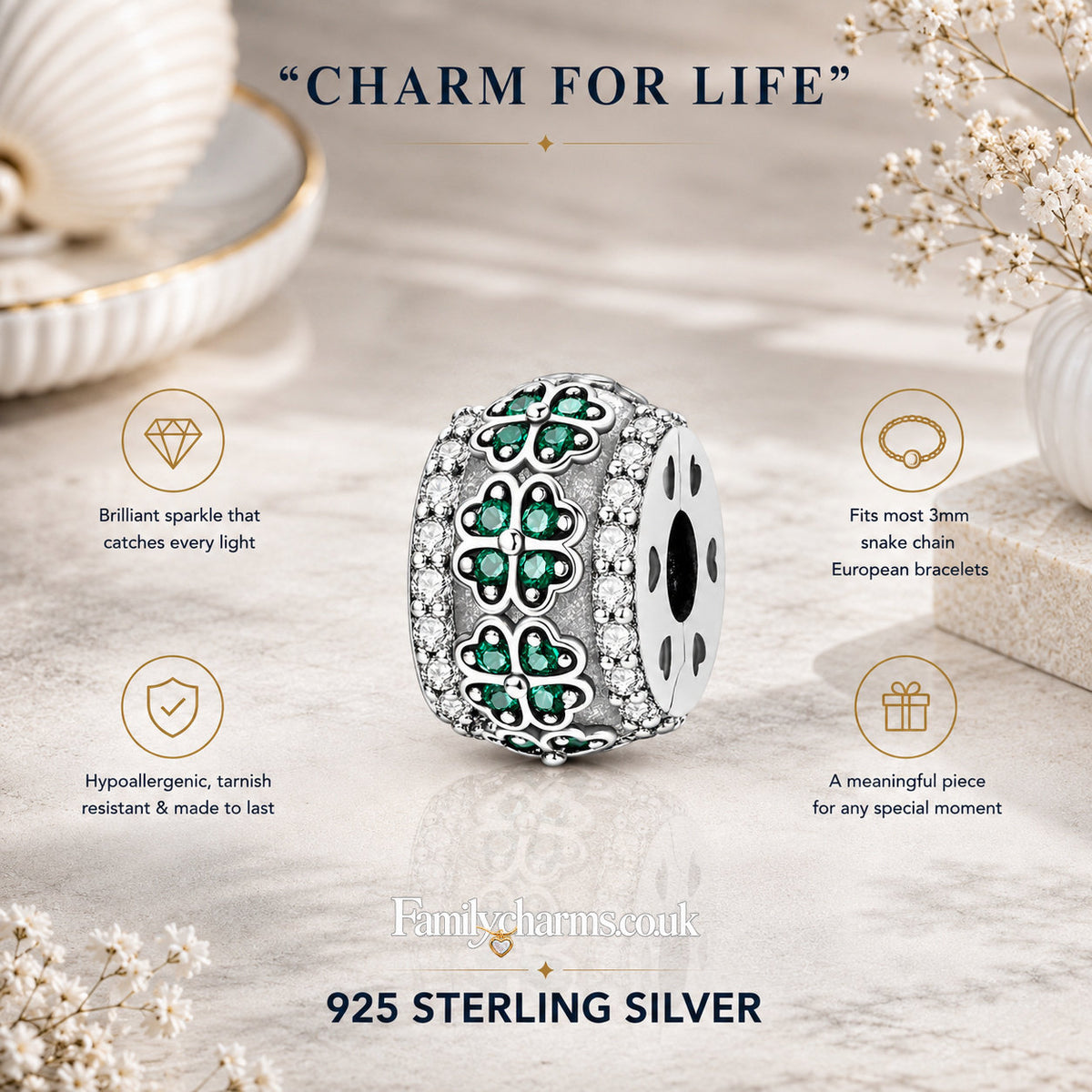 Four Leaves Clover Clip Sterling Silver Charm Hallmarked S925 for Charm Bracelet and Necklace