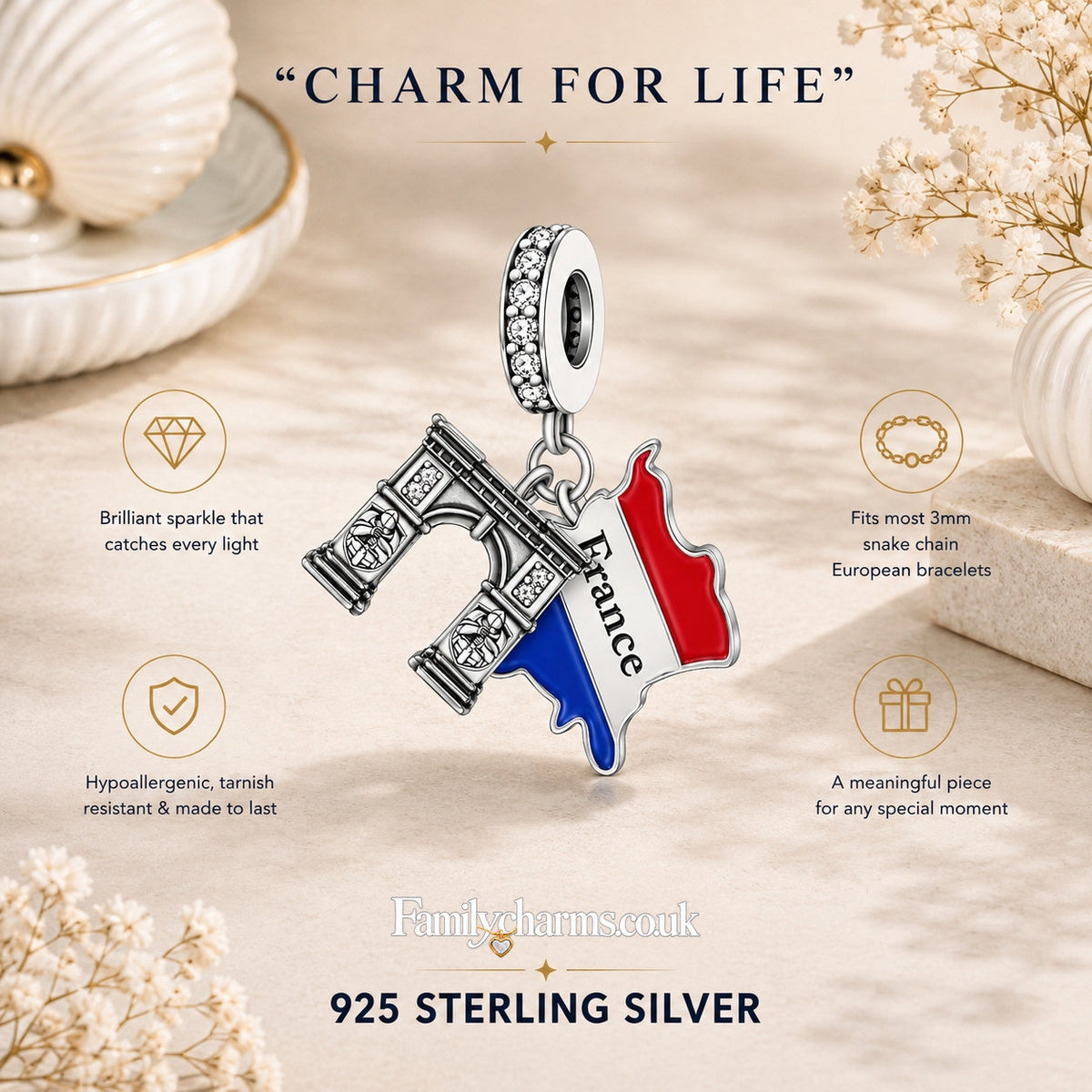 French Flag Charm Hallmarked S925 for Charm Bracelet and Necklace