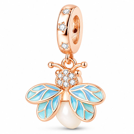 Glow in the Dark Luminous Rose Gold Firefly Dangle Sterling Silver Charm Hallmarked S925 for Charm Bracelet and Necklace