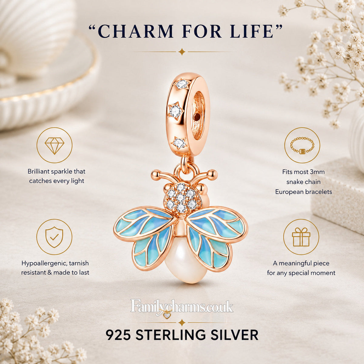 Glow in the Dark Luminous Rose Gold Firefly Dangle Sterling Silver Charm Hallmarked S925 for Charm Bracelet and Necklace