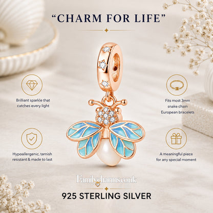 Glow in the Dark Luminous Rose Gold Firefly Dangle Sterling Silver Charm Hallmarked S925 for Charm Bracelet and Necklace