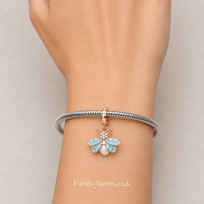 Glow in the Dark Luminous Rose Gold Firefly Dangle Sterling Silver Charm Hallmarked S925 for Charm Bracelet and Necklace