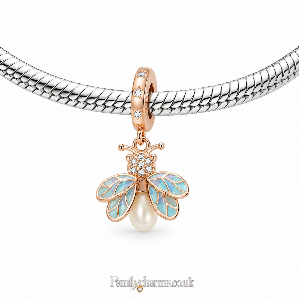 Glow in the Dark Luminous Rose Gold Firefly Dangle Sterling Silver Charm Hallmarked S925 for Charm Bracelet and Necklace