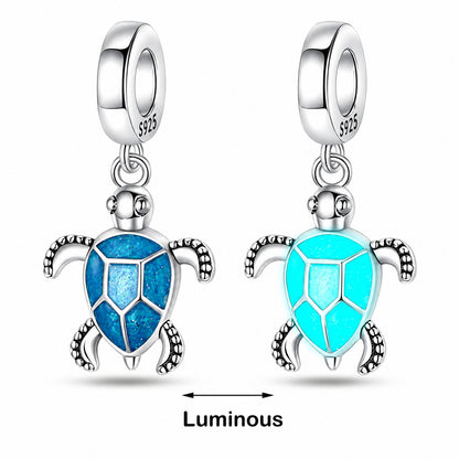 Glow in the Dark Blue Turtle Dangle Sterling Silver Charm Hallmarked S925 for Charm Bracelet and Necklace