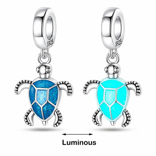 Glow in the Dark Blue Turtle Dangle Sterling Silver Charm Hallmarked S925 for Charm Bracelet and Necklace