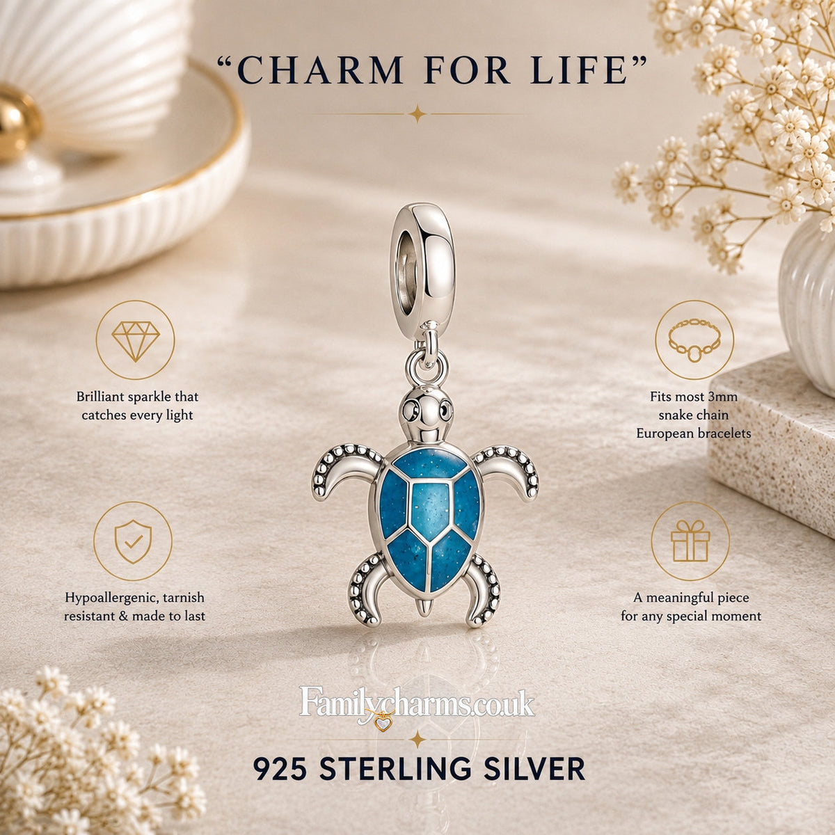 Glow in the Dark Blue Turtle Dangle Sterling Silver Charm Hallmarked S925 for Charm Bracelet and Necklace
