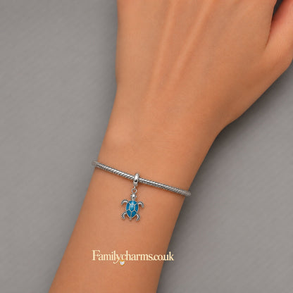 Glow in the Dark Blue Turtle Dangle Sterling Silver Charm Hallmarked S925 for Charm Bracelet and Necklace