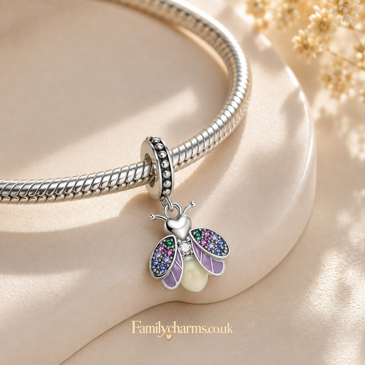 Glow-in-the-Dark Firefly Sterling Silver Charm Hallmarked S925 for Charm Bracelet and Necklace