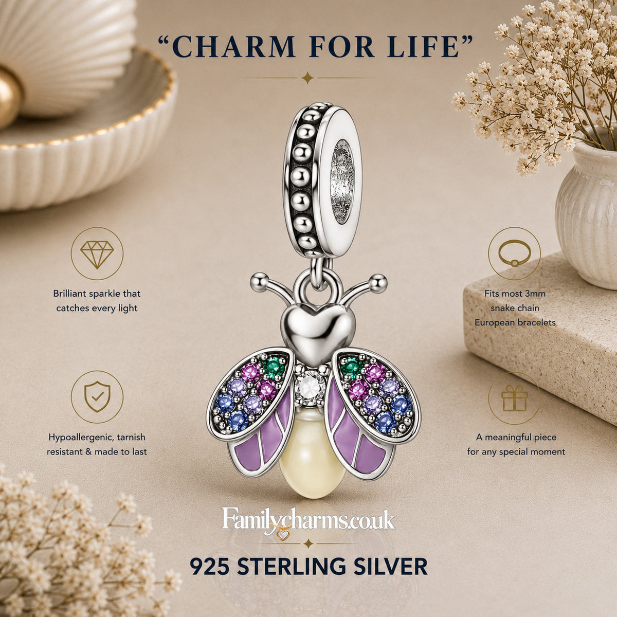 Glow-in-the-Dark Firefly Sterling Silver Charm Hallmarked S925 for Charm Bracelet and Necklace