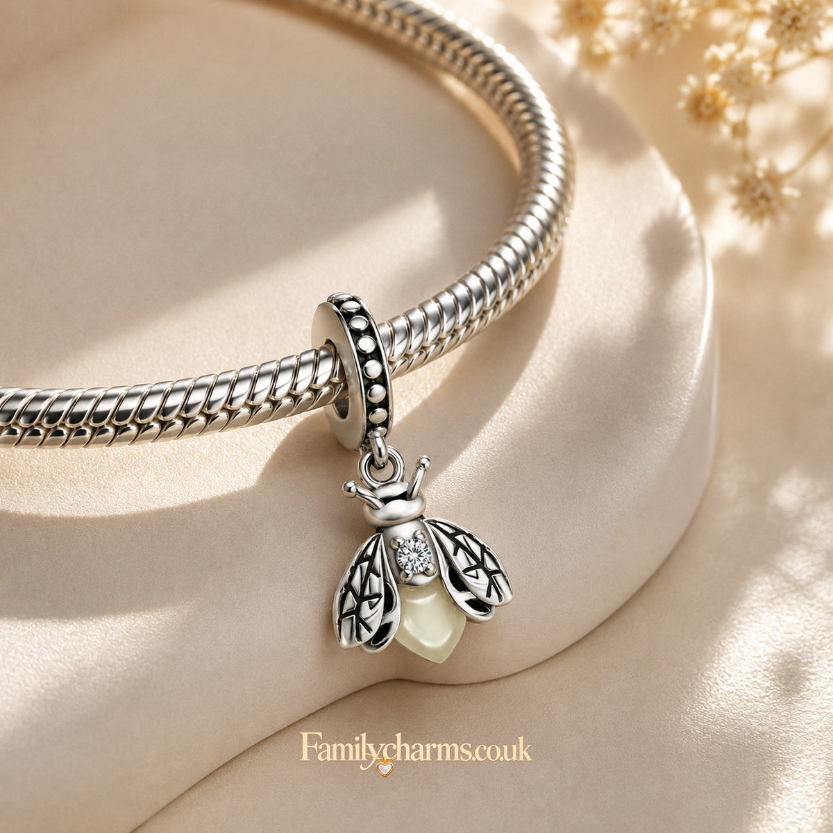 Fluorescent Firefly Sterling Silver Charm Hallmarked S925 for Charm Bracelet and Necklace
