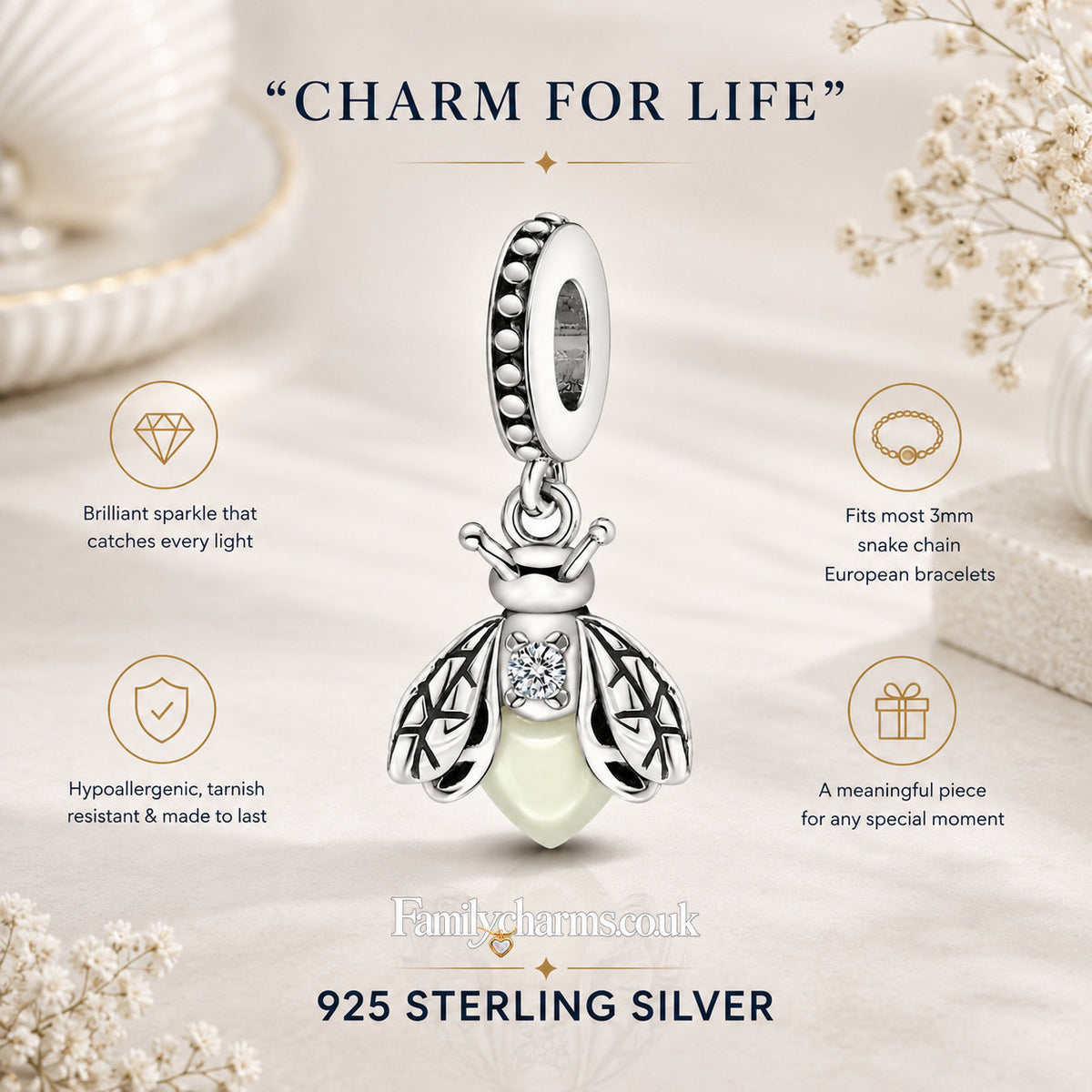 Fluorescent Firefly Sterling Silver Charm Hallmarked S925 for Charm Bracelet and Necklace