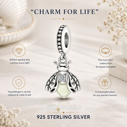 Fluorescent Firefly Sterling Silver Charm Hallmarked S925 for Charm Bracelet and Necklace