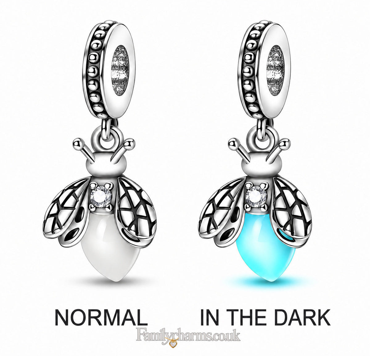 Fluorescent Firefly Sterling Silver Charm Hallmarked S925 for Charm Bracelet and Necklace