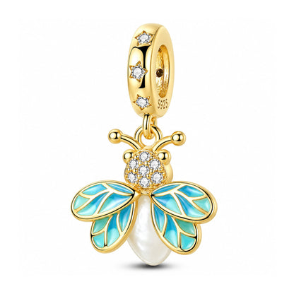 Glow in the Dark Luminous Gold Firefly Dangle Sterling Silver Charm Hallmarked S925 for Charm Bracelet and Necklace