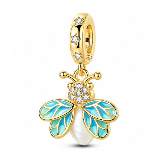 Glow in the Dark Luminous Gold Firefly Dangle Sterling Silver Charm Hallmarked S925 for Charm Bracelet and Necklace
