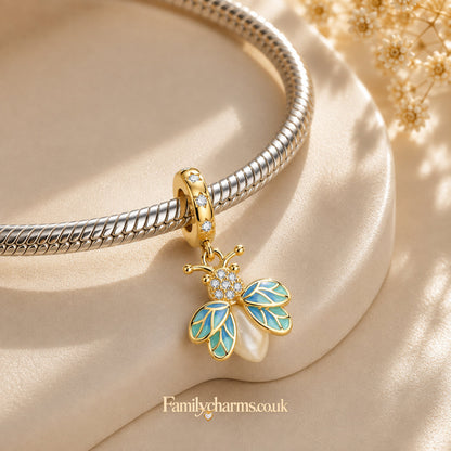 Glow in the Dark Luminous Gold Firefly Dangle Sterling Silver Charm Hallmarked S925 for Charm Bracelet and Necklace