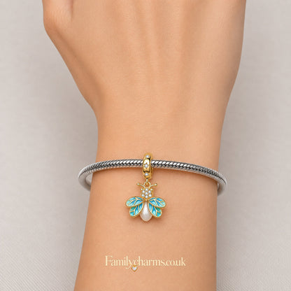 Glow in the Dark Luminous Gold Firefly Dangle Sterling Silver Charm Hallmarked S925 for Charm Bracelet and Necklace