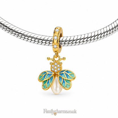 Glow in the Dark Luminous Gold Firefly Dangle Sterling Silver Charm Hallmarked S925 for Charm Bracelet and Necklace