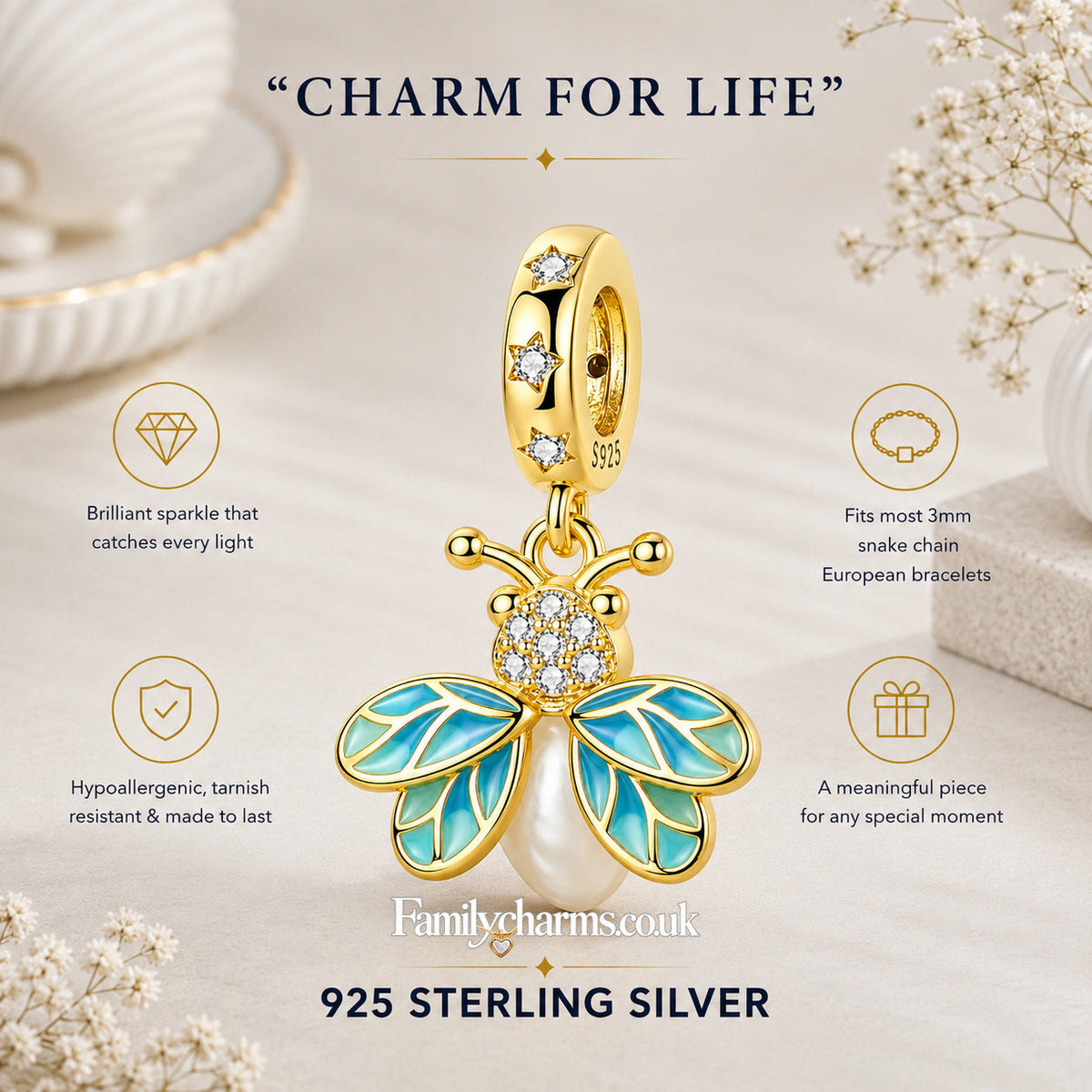 Glow in the Dark Luminous Gold Firefly Dangle Sterling Silver Charm Hallmarked S925 for Charm Bracelet and Necklace