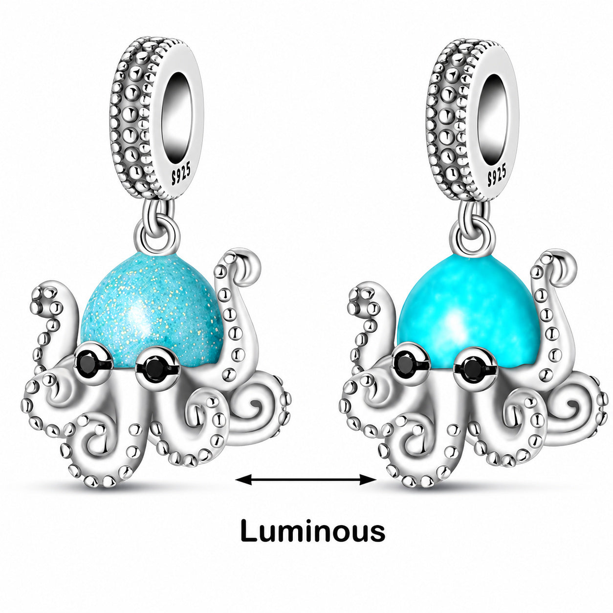 Glow in the Dark Octopus Charm for Bracelet, S925 Sterling Silver