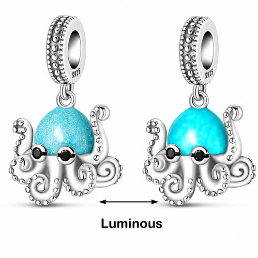 Glow in the Dark Octopus Charm for Bracelet, S925 Sterling Silver