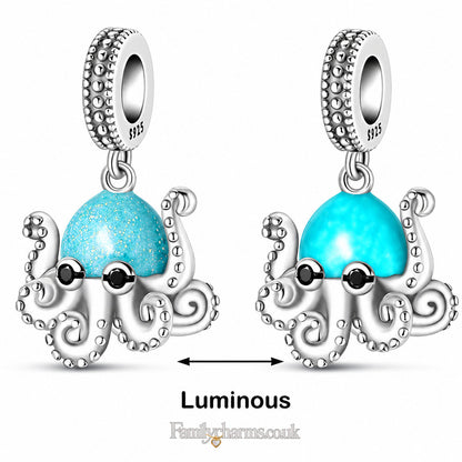 Glow in the Dark Octopus Charm for Bracelet, S925 Sterling Silver