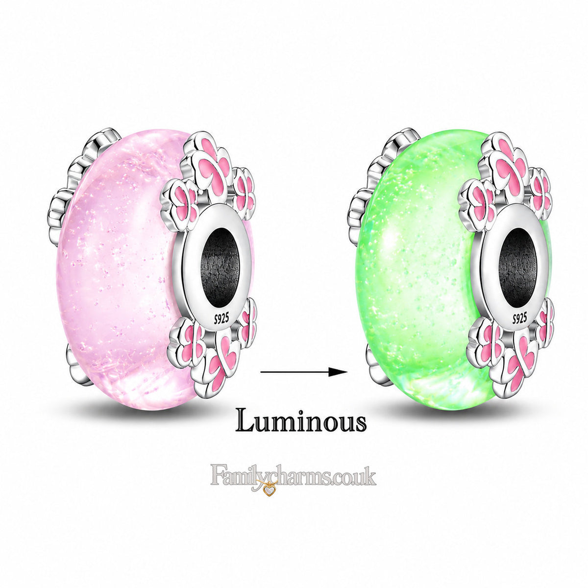 Glow in the Dark Pink Murano Luminious Charm Hallmarked S925 for Charm Bracelet and Necklace