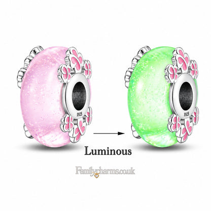 Glow in the Dark Pink Murano Luminious Charm Hallmarked S925 for Charm Bracelet and Necklace
