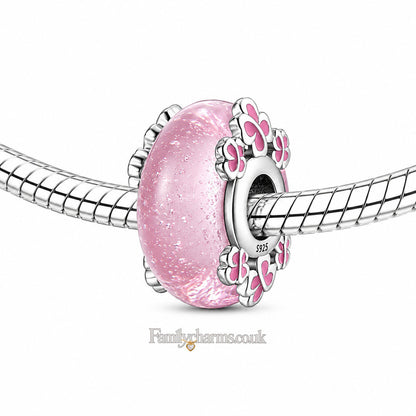 Glow in the Dark Pink Murano Luminious Charm Hallmarked S925 for Charm Bracelet and Necklace