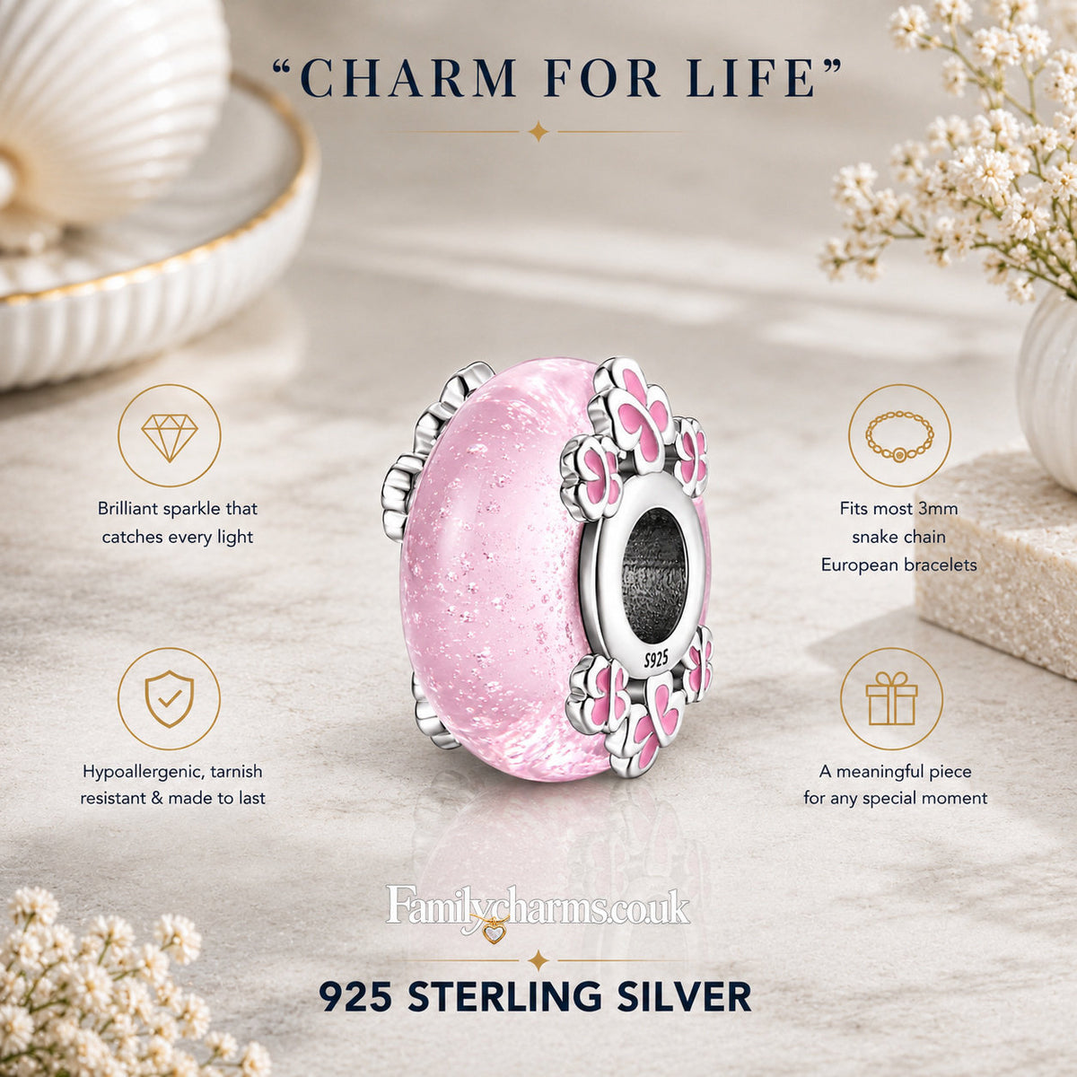 Glow in the Dark Pink Murano Luminious Charm Hallmarked S925 for Charm Bracelet and Necklace