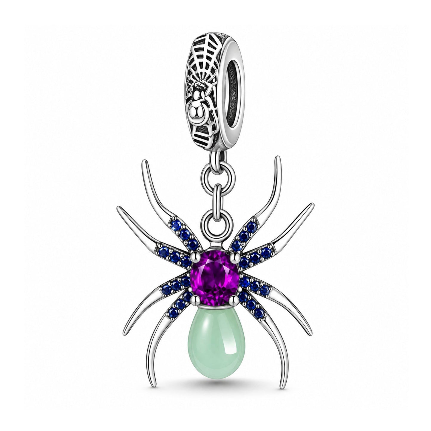 Glow in the Dark Spider Sterling Silver Dangle Charm Hallmarked S925 for Charm Bracelet and Necklace