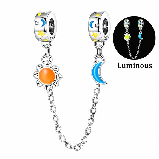 Glow in the Dark Sun and Moon Safety Chain Sterling Silver Charm Hallmarked S925 for Charm Bracelet and Necklace