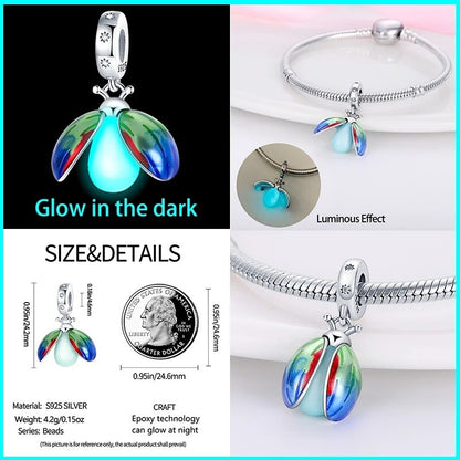Glow in-the dark Firefly Dangle Sterling Silver Charm Hallmarked S925 for Charm Bracelet and Necklace