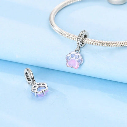 Glow in Dark Pink Paw Print Dangle Sterling Silver Charm Hallmarked S925 for Charm Bracelet and Necklace