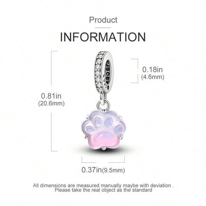 Glow in Dark Pink Paw Print Dangle Sterling Silver Charm Hallmarked S925 for Charm Bracelet and Necklace