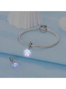 Glow in Dark Pink Paw Print Dangle Sterling Silver Charm Hallmarked S925 for Charm Bracelet and Necklace