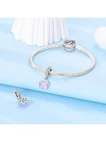 Glow in Dark Pink Paw Print Dangle Charm for Bracelet, S925 Sterling Silver