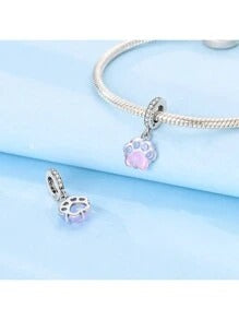 Glow in Dark Pink Paw Print Dangle Sterling Silver Charm Hallmarked S925 for Charm Bracelet and Necklace