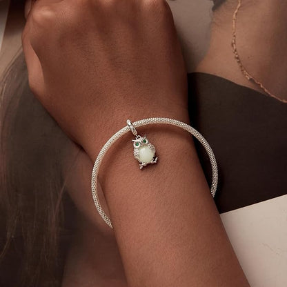 Glowing Owl Charm for Bracelet, S925 Sterling Silver