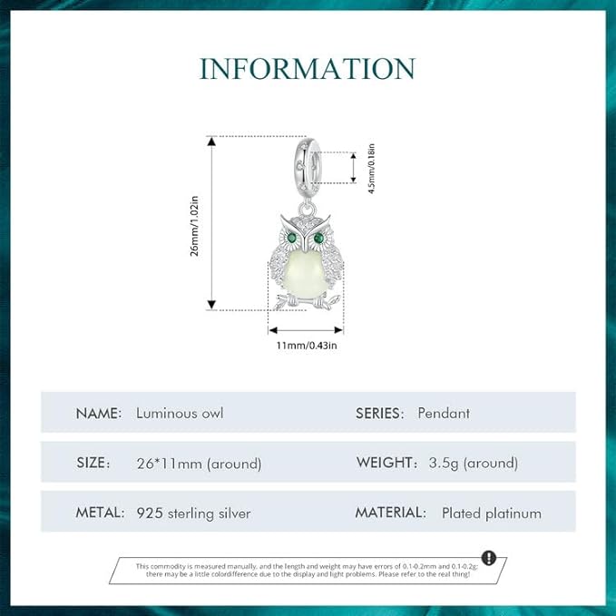 Glowing Owl Charm for Bracelet, S925 Sterling Silver