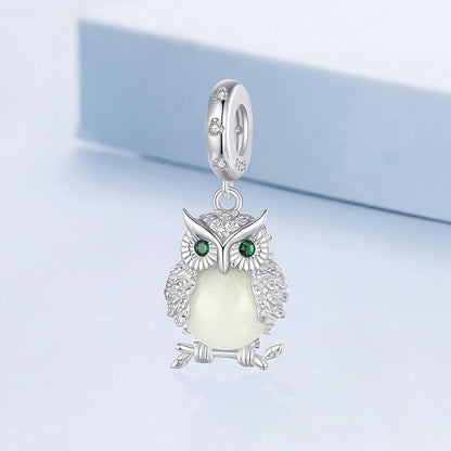 Glowing Owl Charm for Bracelet, S925 Sterling Silver