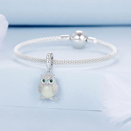 Glowing Owl Charm for Bracelet, S925 Sterling Silver
