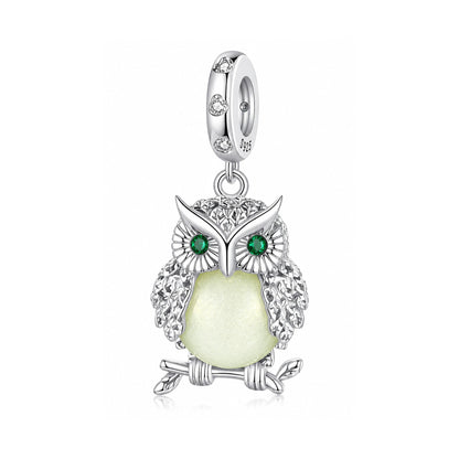 Glowing Owl Charm for Bracelet, S925 Sterling Silver