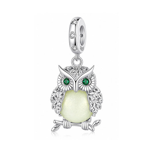 Glowing Owl Charm for Bracelet, S925 Sterling Silver