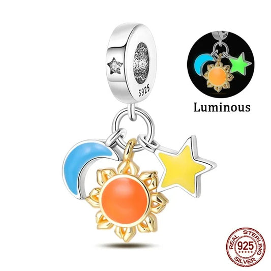 Glow in the Dark Celestial Dangle Charm for Bracelet, S925 Sterling Silver
