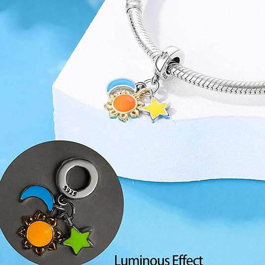 Glow in the Dark Celestial Dangle Charm for Bracelet, S925 Sterling Silver