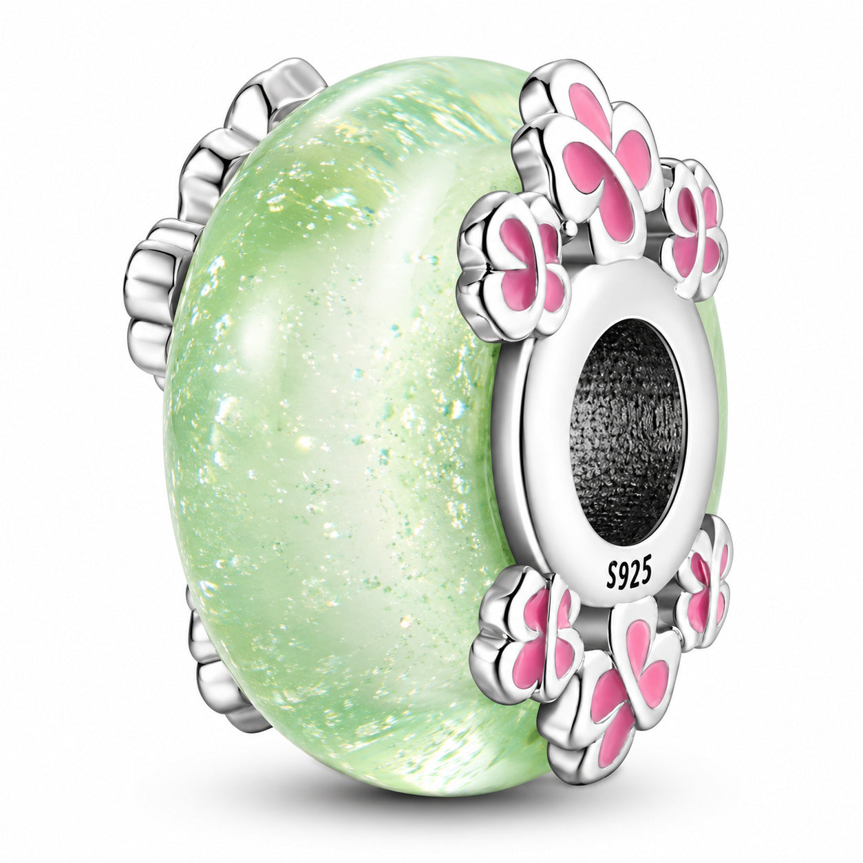 Glow in the Dark Pink Murano Luminious Charm Hallmarked S925 for Charm Bracelet and Necklace