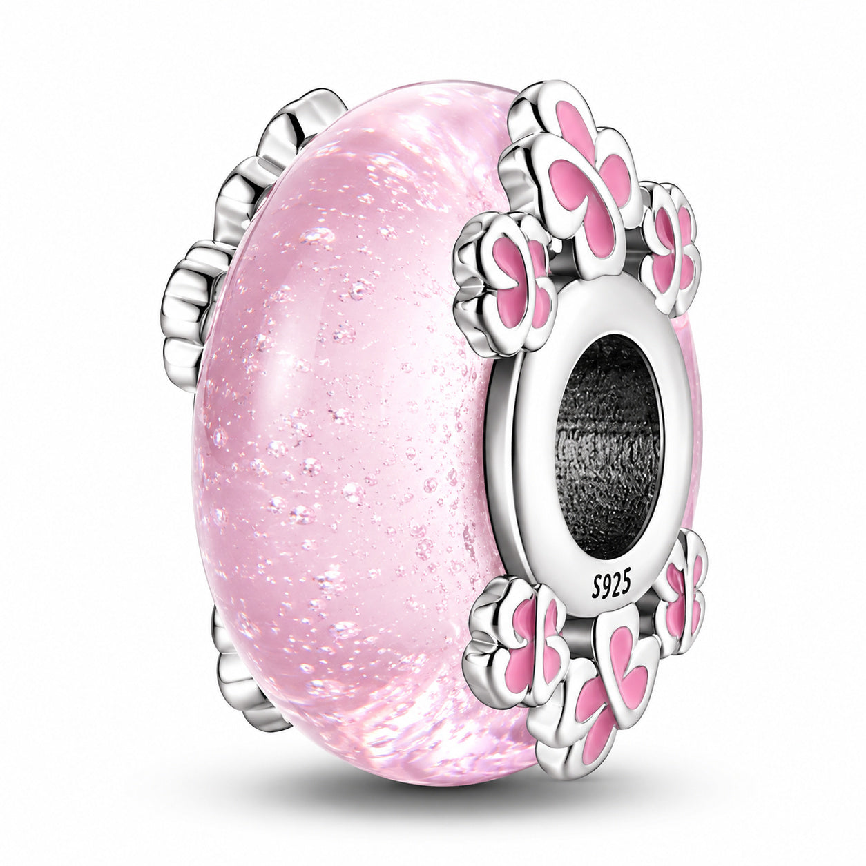 Glow in the Dark Pink Murano Luminious Charm Hallmarked S925 for Charm Bracelet and Necklace